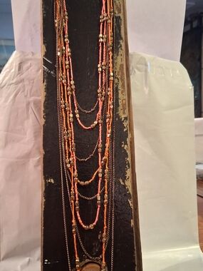 Multi-Strand Orange Beaded Layered Necklace with Gold Accents